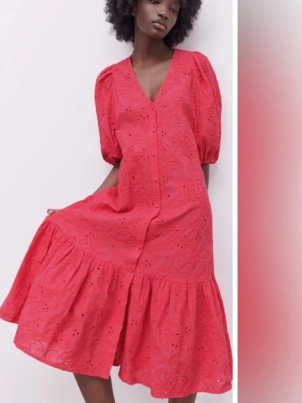 Zara hot pink floral embroidered & eyelit midi button down dress - Medium